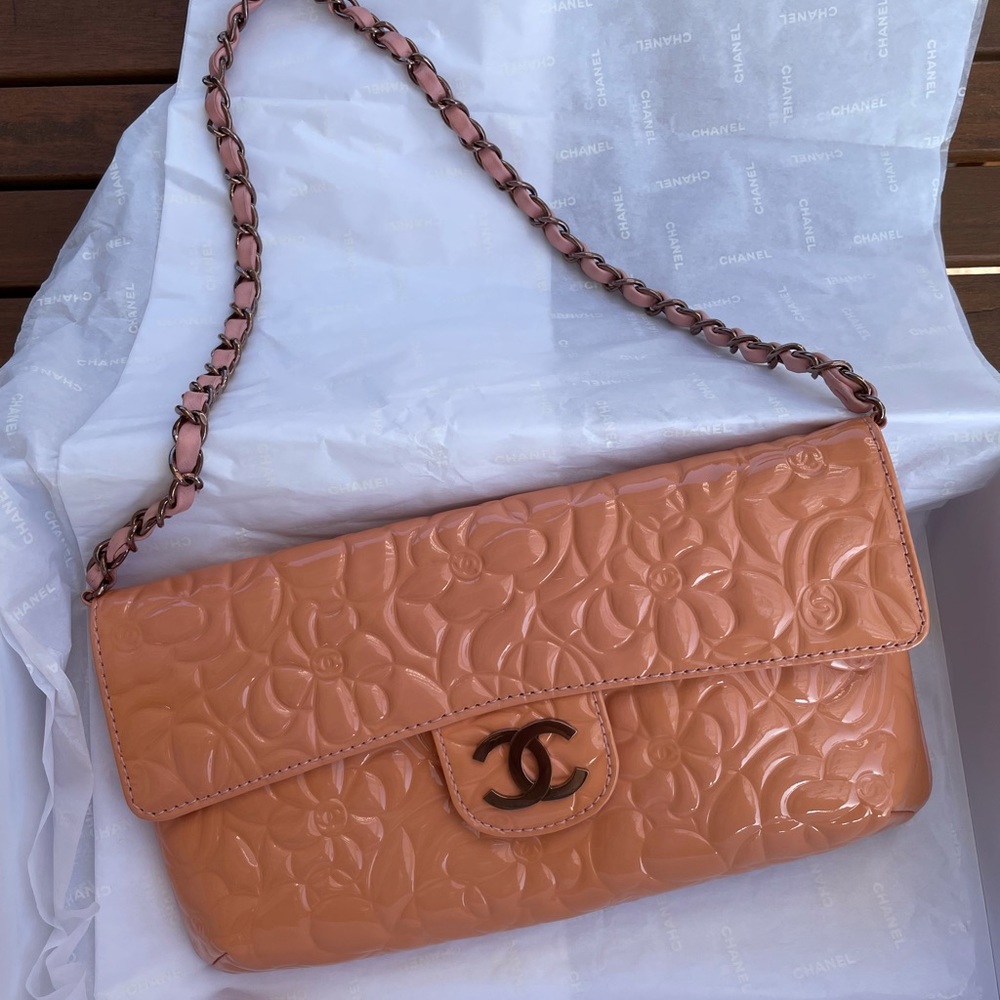 Chanel Peach Patent Camellia Embossed Bag